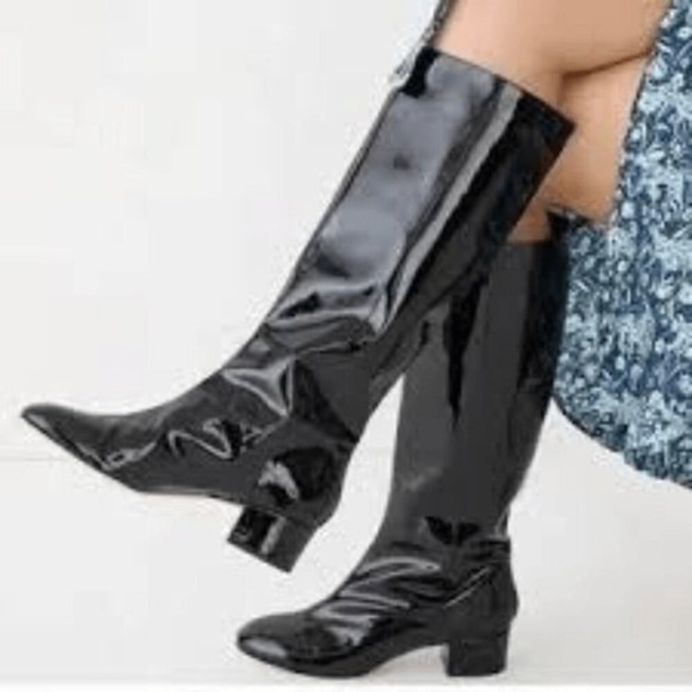 J.Crew Black Patent Leather Knee High Block Heel Boots Almond Toe Womens 8M NEW